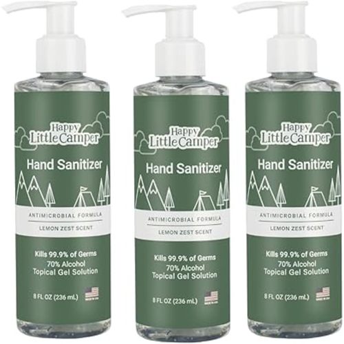 Happy Little Camper Hand Sanitizer with Lemon Zest Scent - Moisturizing Gel with Vitamin E & Antimicrobial Formula- Contains 70% Ethyl Alcohol - Travel Size, Made in USA - 3x 8oz bottles