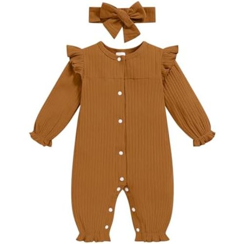 Newborn Baby Girl Fall Winter Romper Long Sleeves Ribbed One-Piece Outfits with Headband Coming Home Jumpsuit