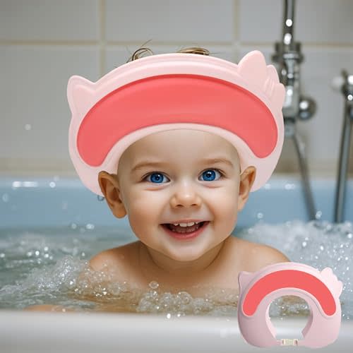 Baby Shower Cap Shield, Shower Cap for Kids, Visor Hat for Eye and Ear Protection for 0-9 Years Old Children,Cute Fawn/kitten shape Makes the Baby Bath More Fun (Pink Kitten)