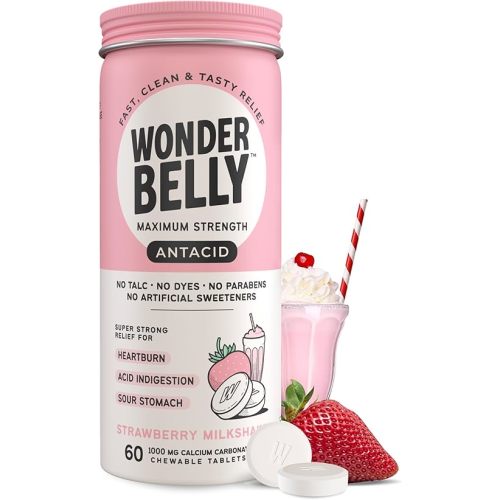 Wonderbelly Antacid, Effective Heartburn and Instant Acid Indigestion Relief, Extra Strength Chewable Tablets, 1000 mg Calcium Carbonate, No Talc or Dye, Strawberry Milkshake, 60 Count