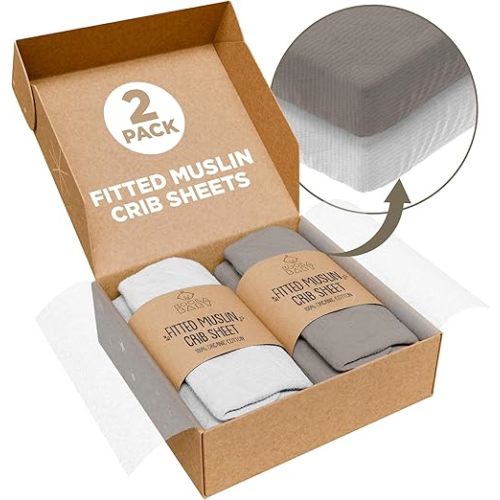 Crib Sheets 100% Organic Muslin Cotton Sheets for Boys & Girls, Fitted Sheets for Standard Crib & Toddler Mattress - Super Soft & Breathable for Cozy Comfort | White + Grey - 52"x28" (2 Pack)