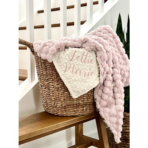 Personalized Baby Blanket, Rosewater Pink Nora Minky and You Choose Minky Dot Color, Newborn Girl gift, Baby Shower Gift, Embroidered Baby