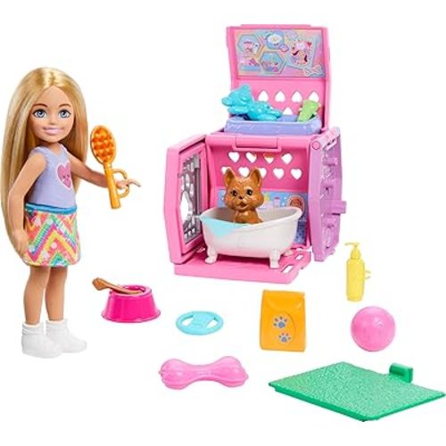 Barbie Chelsea Puppy Carrier Playset, Blonde Small Doll and Accessories, Dog Carrier with Puppy Themed Play Pieces
