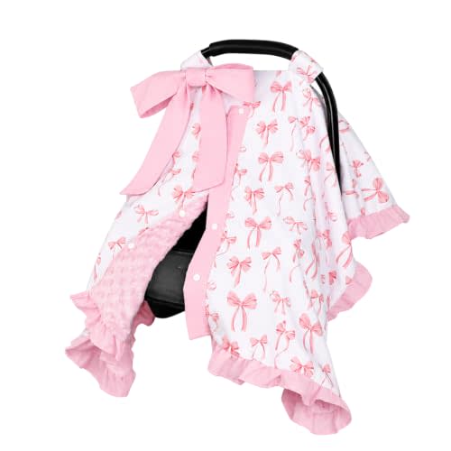 Baby Car Seat Cover with Ruffle Hem and a Removable Bow, Minky Carseat Cover Baby Girl, Peekaboo Opening Infant Car Seat Cover, Breathable Baby Car Seat Canopy for Summer, Pink Bow