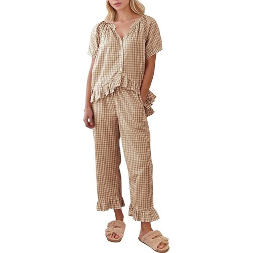 COZYPOIN Womens Gingham Pajama Set 2 Piece Plaid Cotton Pjs Cute Ruffle Sleepwear Maternity Bridesmaid Pajamas Loungewear