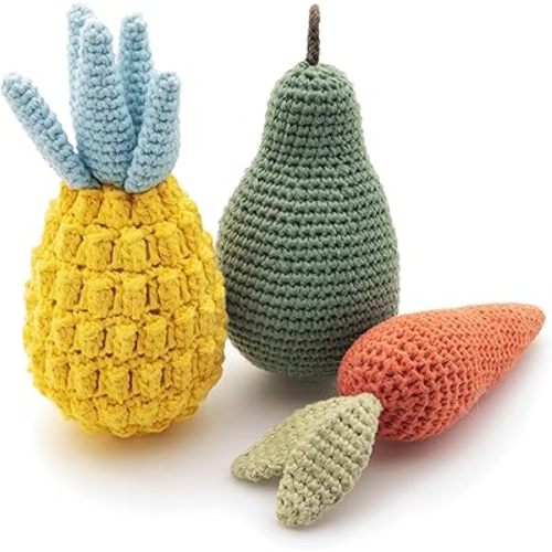 Nina Woof Organic Cotton Dog Toys Pack – Handmade Squeaky Plush Puppy Toys for Small and Medium Dogs, Eco Friendly Teething Accessories, Natural Pet Gift Set with Cute Fruit and Veggie Designs