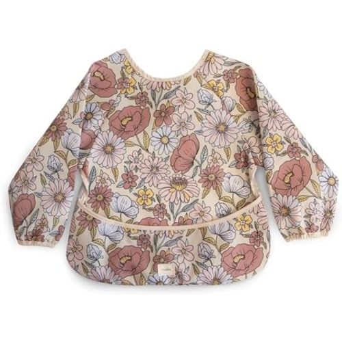 mushie Long Sleeve Baby Bib | Water Resistant Adjustable Fit for Ages 6-24 Months (Retro Flowers)