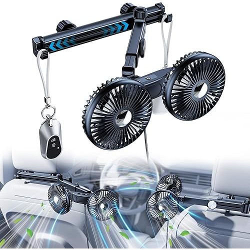 Dual Head Car Fan for Back Seat,USB Powered Car Backseat Fans for Kids Baby Dog,360° Rotatable 3 Speeds Rear Headrest Cooling Fans,Carseat Cooler Fan that Blow Cold Air for RV SUV Truck