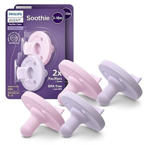 Philips Avent Soothie Baby Pacifiers - 100% Silicone Pacifiers for Babies 3-18 Months, One-piece Design, BPA-Free, Extra Durable, Lilac and Pink, 4 Pack, Model SCF192/70