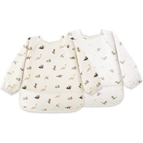 Susurration Long Sleeve Bib for Babies & Toddlers Waterproof Bibs 2 Pack Reusable Feeding Bibs with Sleeves with Food Pocket, 6-36 Months Baby Eating Essentials - Brown Dinosaur