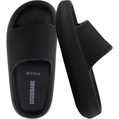 CUSHIONAIRE Feather EVA Slides for Women – Comfortable Slip On Womens Slippers, Indoor Outdoor Shower Shoes, Beach Essential Cloud Slides