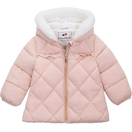 Rokka&Rolla Baby Girls' Water-Resistant Puffer Jacket Hooded Winter Coat with Soft Mini Fur Lining for Newborn Infant Toddler