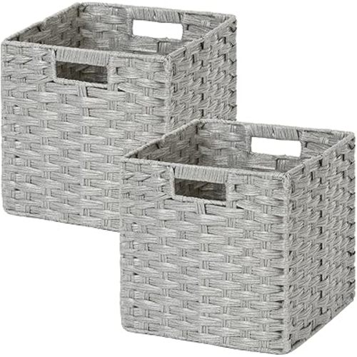 DULLEMELO Wicker Storage Cubes for Organizing 11x11x11 Inch Woven Storage Basket with Liner, Set of 2 Cube Storage Baskets for Shelves, Laundry Basket with Handles, Light Grey