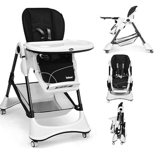 INFANS High Chair with One-Hand Removable Tray, 4 Lockable Wheels & Large Storage Basket - Multi-Adjustable Height, Recline & Footrest, Removable Cushion, Foldable for Baby, Infant& Toddler