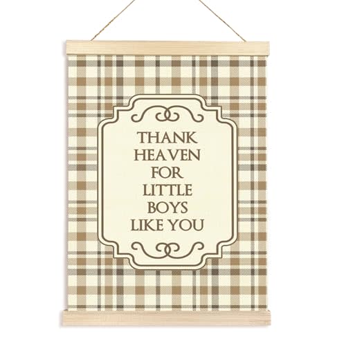 Hiuwevt Boy Nursery Wall Art, Thank Heaven for Little Boys Like You Poster Hanger Frame, Retro Brown Plaid Wall Art Home Decor for Baby Little Boys Room Bedroom Nursery Playroom, 12x16 Inch