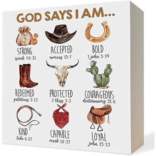 Christian Western Wooden Box Sign, God Says I Am Desk Decor, Bible Verses Cowboy Wood Block Plaque Signs for Toddler Kids Room Nursery Desk Table Shelf Decor,5x5 Inch