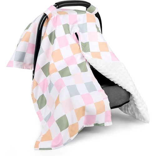 DILIMI Baby Car Seat Cover, Minky Warm Car Seat Covers for Babies, Peekaboo Opening Infant Car Seat Cover, Nursing Cover Carseat Canopy, Colorful Checkered
