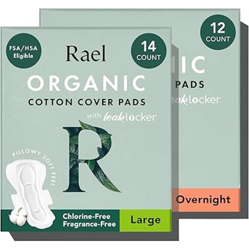 Rael Pads for Women, Organic Cotton Cover - Heavy Absorbency, Feminine Care, Ultra Thin, Sanitary Napkins with Wings, Unscented, (Overnight, Large) Bundle