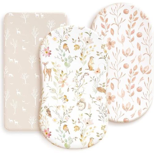 GRSSDER Stretchy Ultra Soft Fitted Bassinet Sheets 3 Pack, Universal Fit for Baby Cradle Moses Basket Oval Rectangle Mattress Safe and Snug, Beautiful Blush Pink Floral Bassinet Sheet for Girls