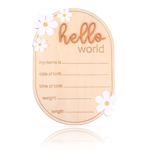 Baby Announcement Sign, Wooden Hello World Newborn Welcome Sign Personalized Birth Announcement Board for Baby Name Gender Neutral Nursery & Hospital Photo Props Keepsake Gift (Orange Letter)