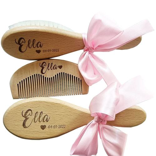 3Pcs Personalized Wooden Baby Hair Brush and Comb Bristles,Custom Newborn Soft Hair Baby Gift