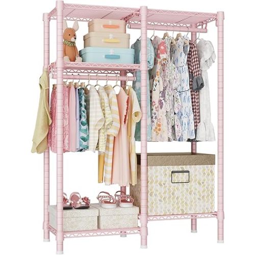 Ulif F1 Clothes Rack for Kids, Baby, Students, and Children's Room, 4 Tiers Portable Metal Closet Clothing Rack, Small Garment Rack with 2 Hanging Rod, 31.2" W x 11.8" D x 48" H, Pink