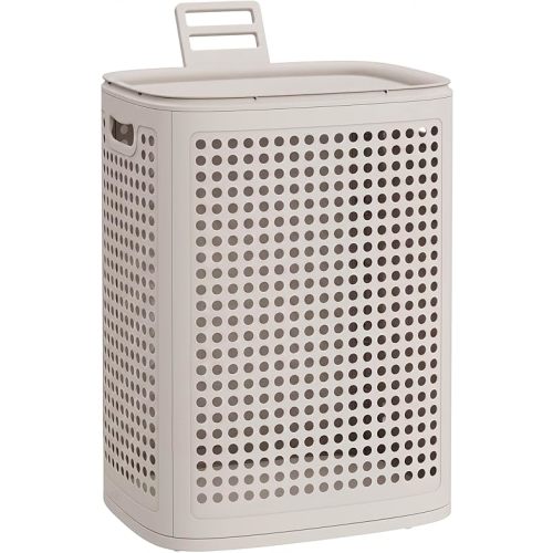 SONGMICS Laundry Hamper with Lid, Plastic Laundry Basket, 19.8 Gallons (75 L), Slim Storage Basket, for Bathroom, Bedroom, Cappuccino Beige URLH021L101