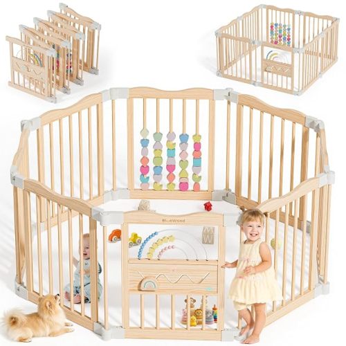 Foldable Wooden Baby Playpen, 45 x 45 x 24 inches, Pastel Dream, Natural