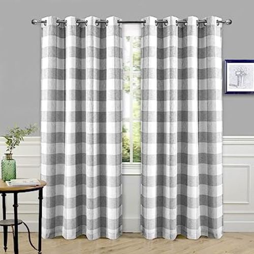 DriftAway Buffalo Check Woven Plaid Pattern Lined Blackout Thermal Insulated Window Curtain Grommet 2 Layers 2 Panels 52 Inch by 84 Inch Gray