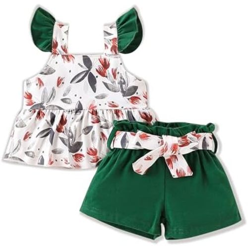 3-18M Newborn Baby Girl Pink Outfits Set Ruffle Sleeve Floral Top + Soild Shorts with Belt