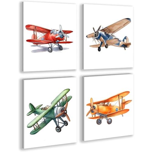 Framed Watercolor Airplane Wall Art Print,Vintage Colorful Cartoon Aircraft Decor,Watercolor Airplane Nursery Transportation Canvas Wall Art for Playroom or Nursery Boy Bedroom Decor Set of 4-8''X10''