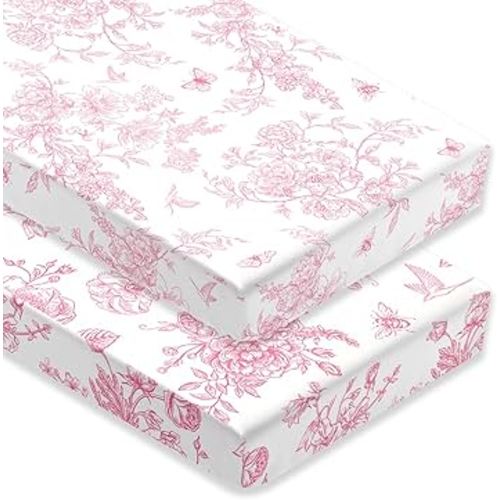 2 Pack Pink Vintage Floral Crib Sheet Set for Baby Girl, Soft Breathable Fitted Coquette Crib Sheet 28 x 52 in, Chinoiserie Nursery Decor for Standard Crib and Toddler Bed Mattresses