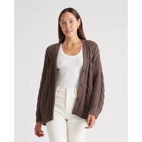 100% Organic Cotton Oversized Cable Cardigan in Heather Brown