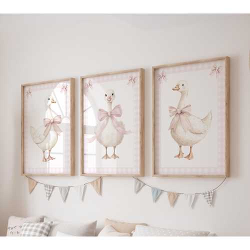 Set of 3 Silly Goose Prints, Coquette Bow Wall Art Set, Farm Posters, Modern Art, Kids Bedroom Decor, Girl Nursery Decor, Playroom Prints