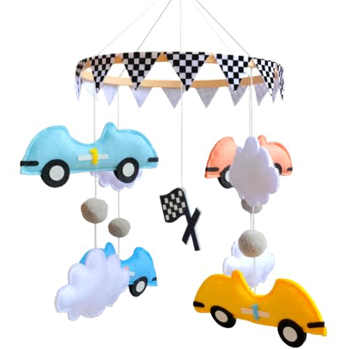 Felt Race Car Baby Crib Mobile, Wooden Hanging Nursery Decor for Baby Boys | Soft Handmade Felt Racing Cars, Natural Wood Suspension Ring, Boy‑Style Hanging Ornament for Infant Nursery Decoration
