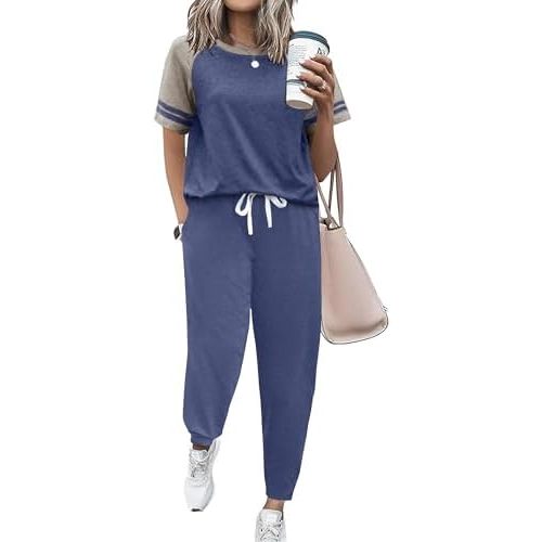 Ekouaer Lounge Sets for Women Two Piece Pajama Set Short Sleeve Crewneck Jogger Outfits and Sweatpants Tracksuit