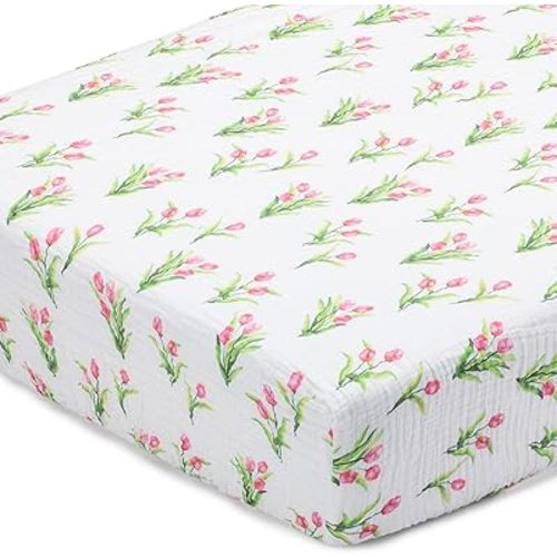 LollyBanks Muslin Crib Sheet 1 Pack, 100% Cotton Soft and Breathable Baby Crib Sheet for Girls, Cozy and Snug Toddler Bed Sheet fit Standard 52"x28" Mattress, Baby Registry Must Haves (Tulip Print)