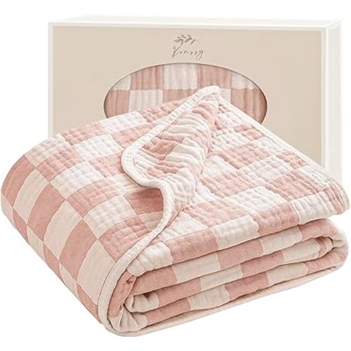 Konssy Muslin Baby Blanket 43''x43'', Soft Cotton Breathable Receiving Blanket for Infant Toddler, Lightweight Crib Nursery & Stroller Blanket for Baby Girls and Boys (Pink)