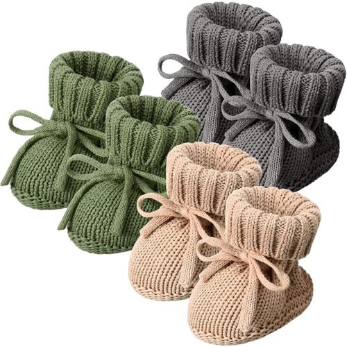 3 Pairs Knitted Baby Booties 0-6 Months Newborn Baby Shoes First Walkers Cozy Shoes for Infant Girl Boy