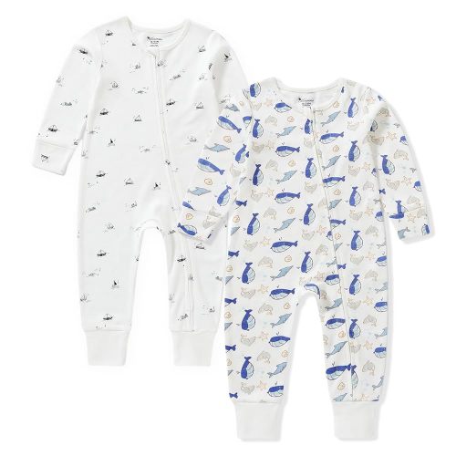 Organic Cotton Baby Footies, 0-24 Months Soft One Piece Footies, Zipper Cotton Bodysuit Long-Sleeve Rompers 2-Pack