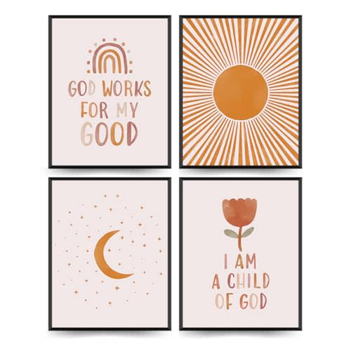 ETVISO Bible Verses Boho Sun Wall Art Prints Set of 4, Christian wall Decor for Church Nursery Baby Kids Bedroom, Child of God, Boho Nursery Decor, 8x10 (Unframed)