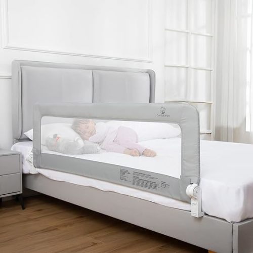 ComfyBumpy Premium Adjustable Bed Rail for Toddlers, Swing-Down Safety Guard, Height Adjusts 24.4"–32.3"H, Extra-Long 55.5", Sturdy Steel & Breathable Mesh, For Twin, Full, Queen & King, Gray, 1-Pack