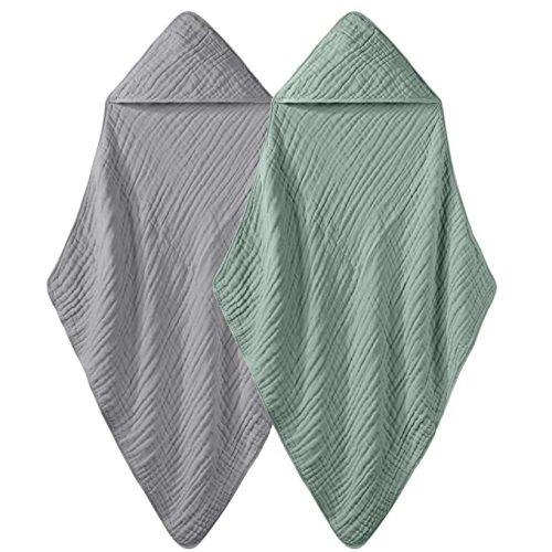 Yoofoss Hooded Baby Towels 100% Muslin Cotton 2 Pack Baby Bath Towel 32x32Inch, Extra Soft and Absorbent Hooded Towels for Baby, Infant and Toddler, Baby Bath Essential for Boys Girls (Green & Grey) - Grey and Dark Green