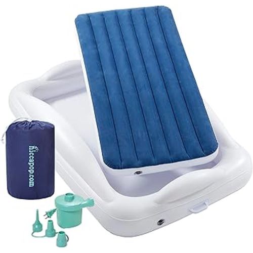 hiccapop Inflatable Toddler Travel Bed with Safety Bumpers [4-Sided] | Portable Toddler Bed for Kids | Toddler Air Mattress | Kids Air Mattress - Navy Blue
