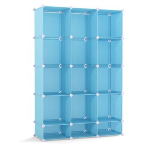 Modular Kids Wardrobe Closet with Hanging Rod, 13 Cube Storage Organizer, Blue