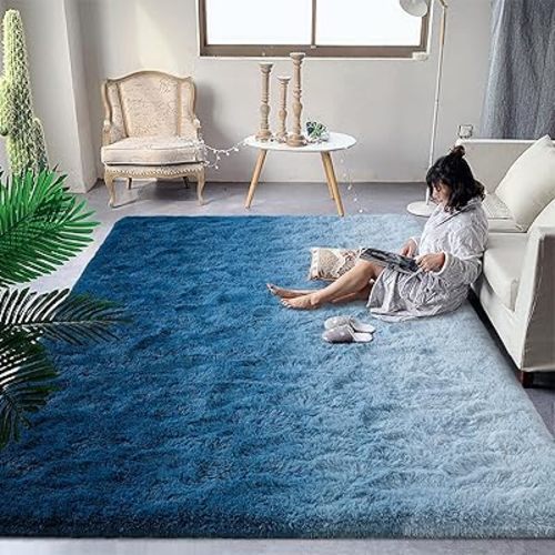 DweIke Luxury Fluffy Kids Rugs for Living Room Bedroom, 8x10 Large Shaggy Gradient Navy Blue Area Rug for Girls Boys, Upgrade Plush Non-Slip and Washable Colorful Fuzzy Carpet for Dorm Nursery Decor