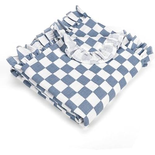 DILIMI Muslin Baby Blanket, Ruffle Crib Blanket for Girls and Boys, Soft Breathable Nursery Swaddle Blanket for Newborns, Toddlers, 36 x 40 in, Blue Checkered