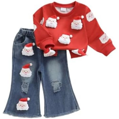 FYBITBO Toddler Baby Girl Clothes Fall Winter Baby Girl Outfit Floral Crewneck Sweatshirt Bell Bottom Jeans Pants Set