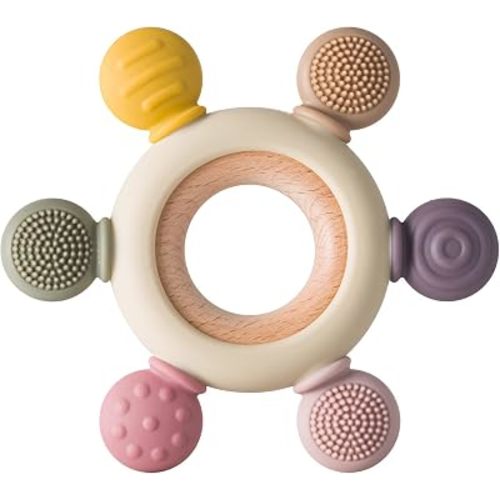 Baby Teething Toys Silicone Teethers BPA Free Silicone Rudder with Wooden Ring Soothe Babies Gums (Khaki)