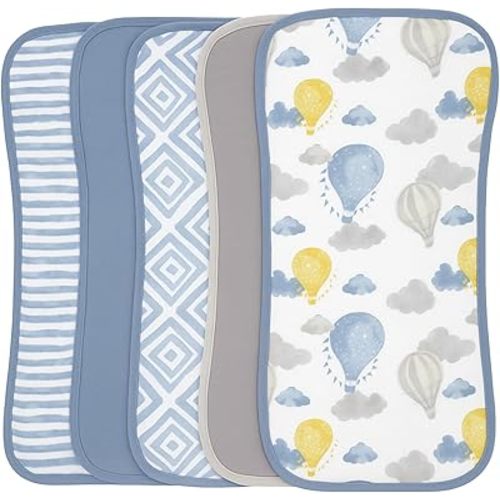 Featherhead™ 5-Pack Muslin Burp Cloths for Baby Boy Large 22" X 11" - Ultra Soft & Extra Absorbent Cotton Terry Backing (Blue Balloons)
